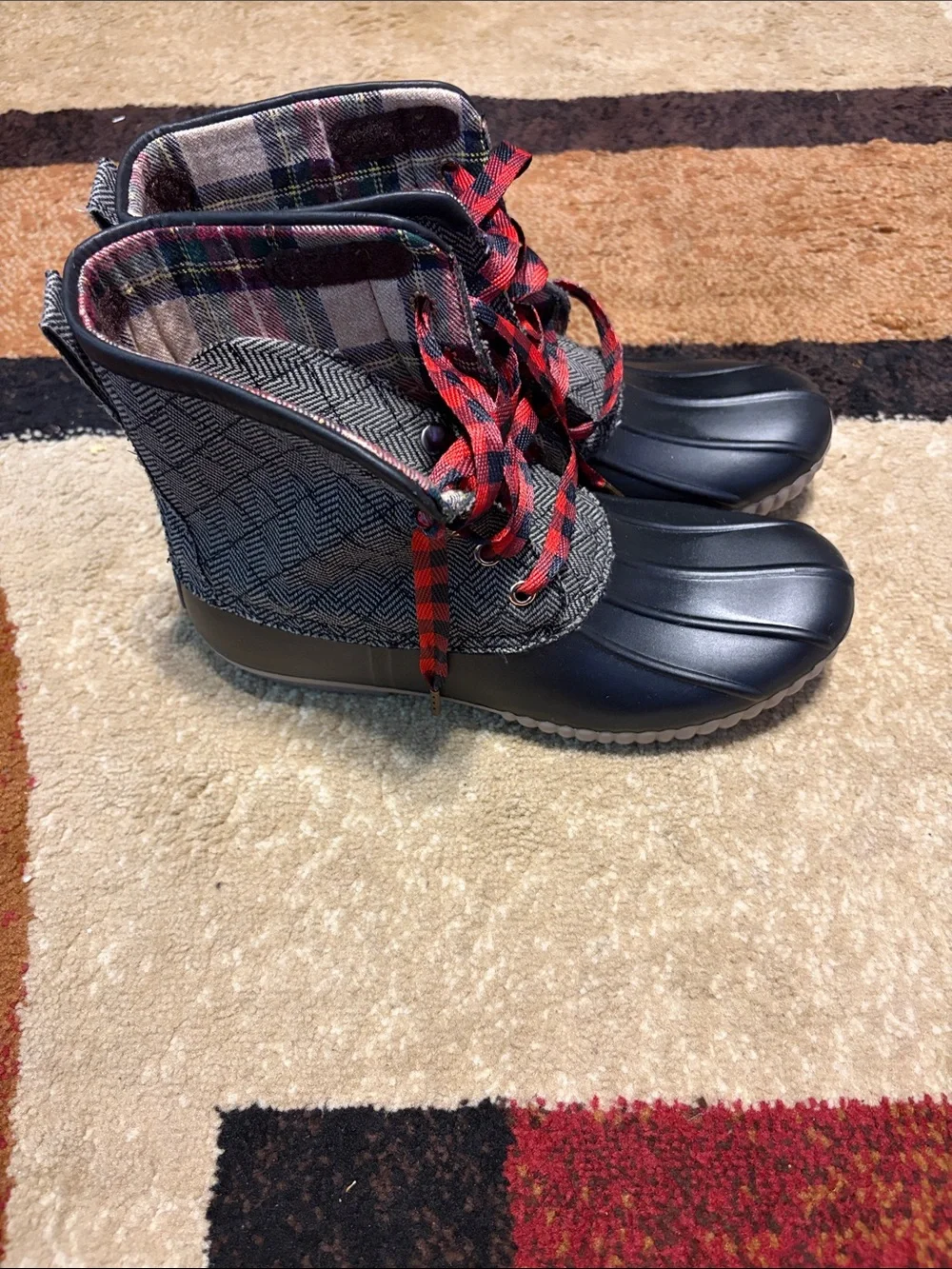 Black Duck Boots with Red Plaid Laces